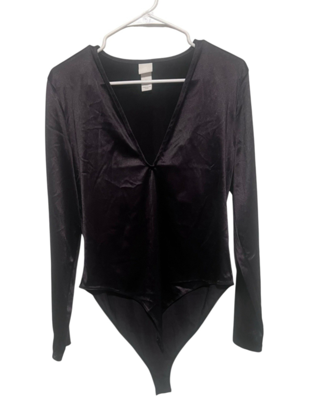 H&M Satin Bodysuit Top Women’s Large Black Deep V-Neck Stretch